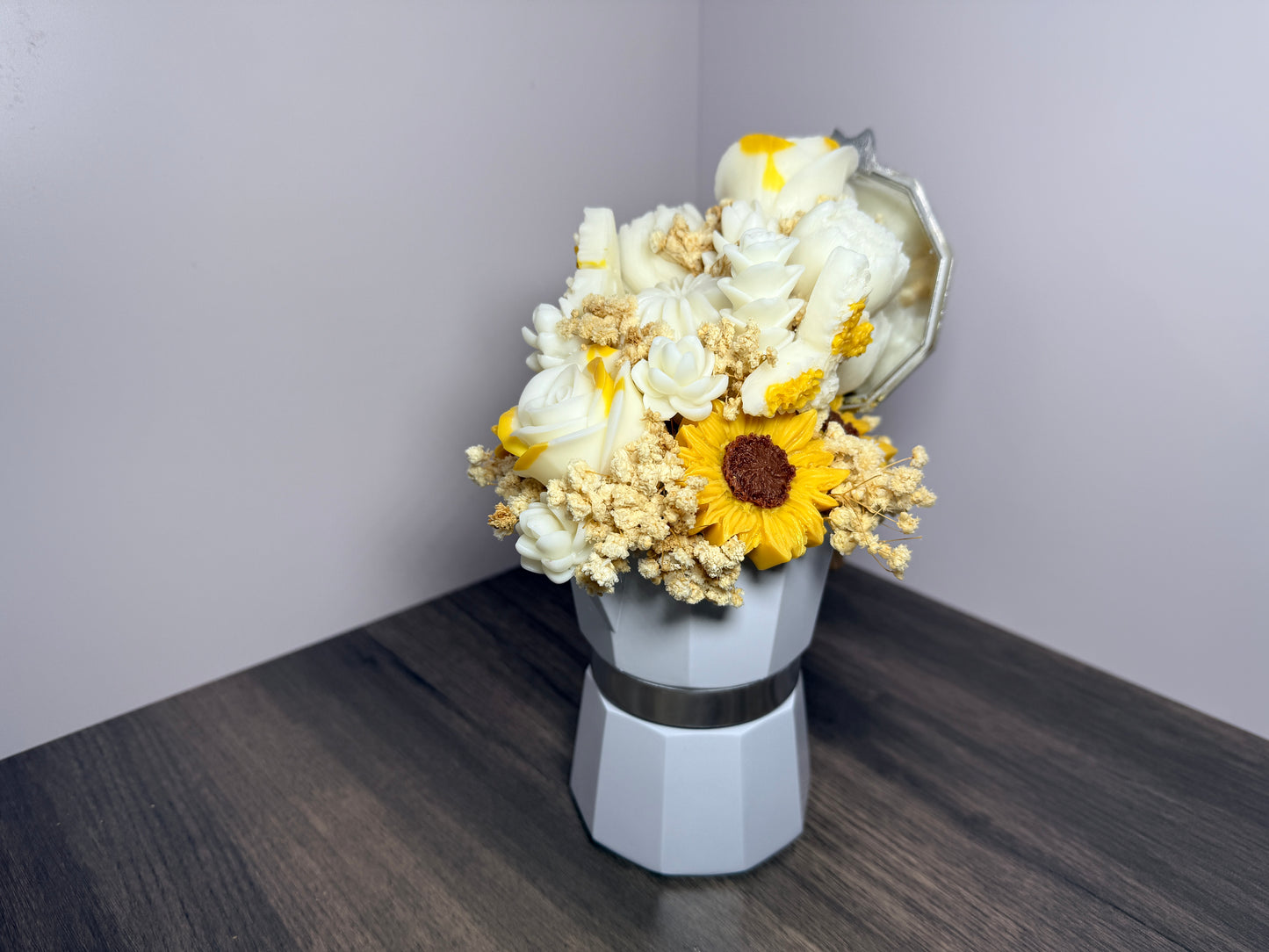 Scented Candle Flower Bouquet in White Coffee Maker